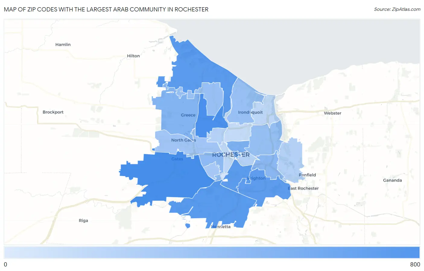 Zip Codes with the Largest Arab Community in Rochester Map