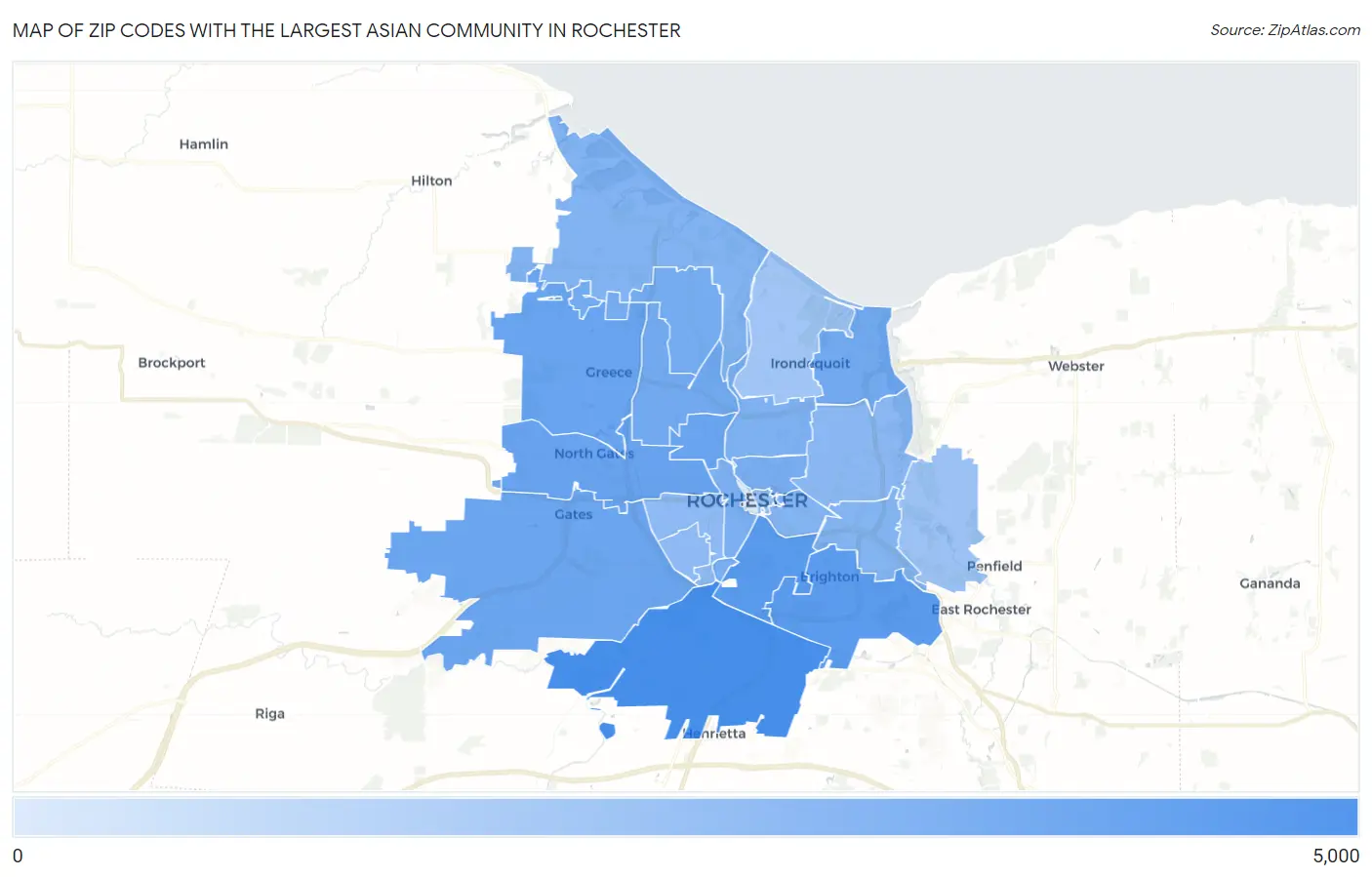 Zip Codes with the Largest Asian Community in Rochester Map