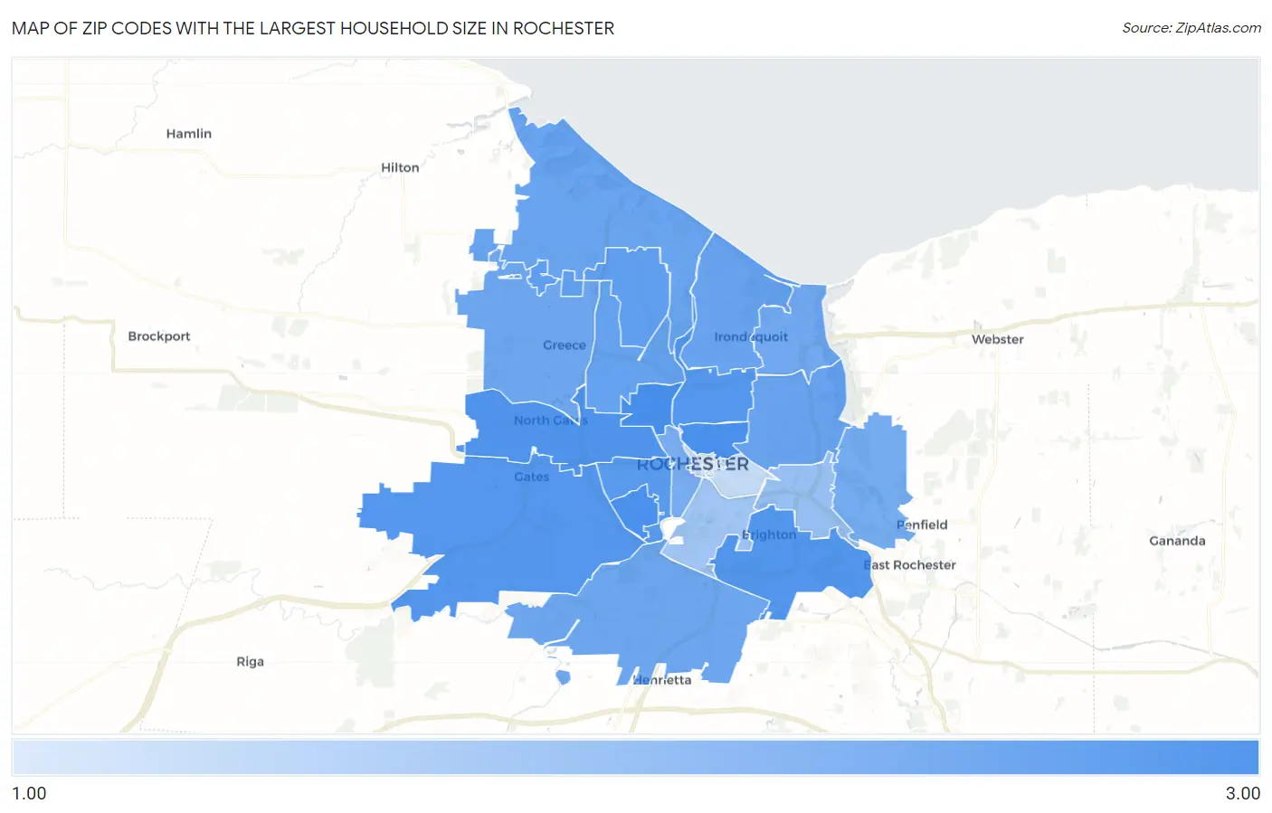 Zip Codes with the Largest Household Size in Rochester Map