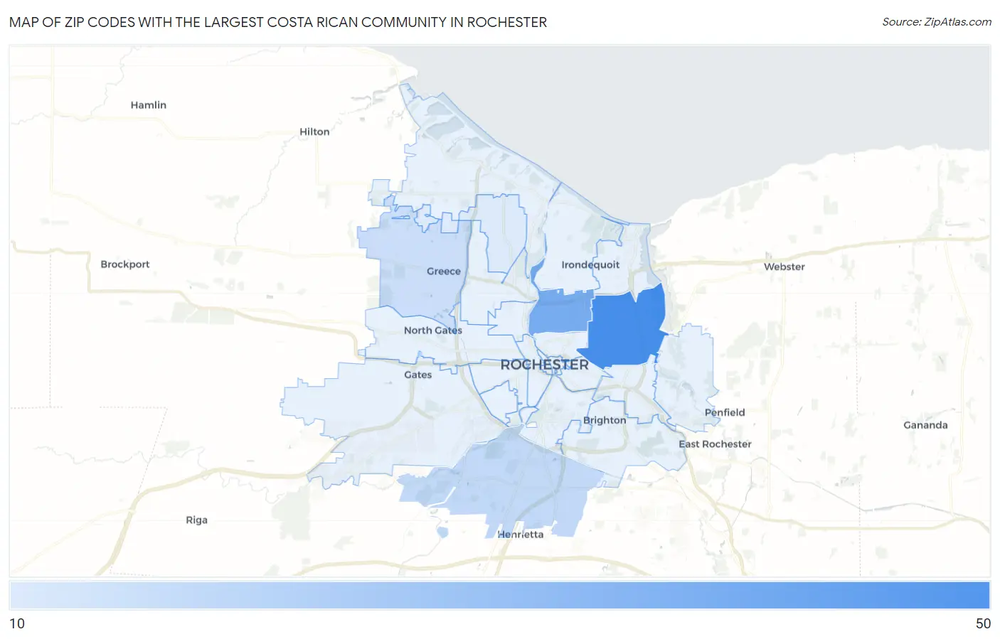 Zip Codes with the Largest Costa Rican Community in Rochester Map