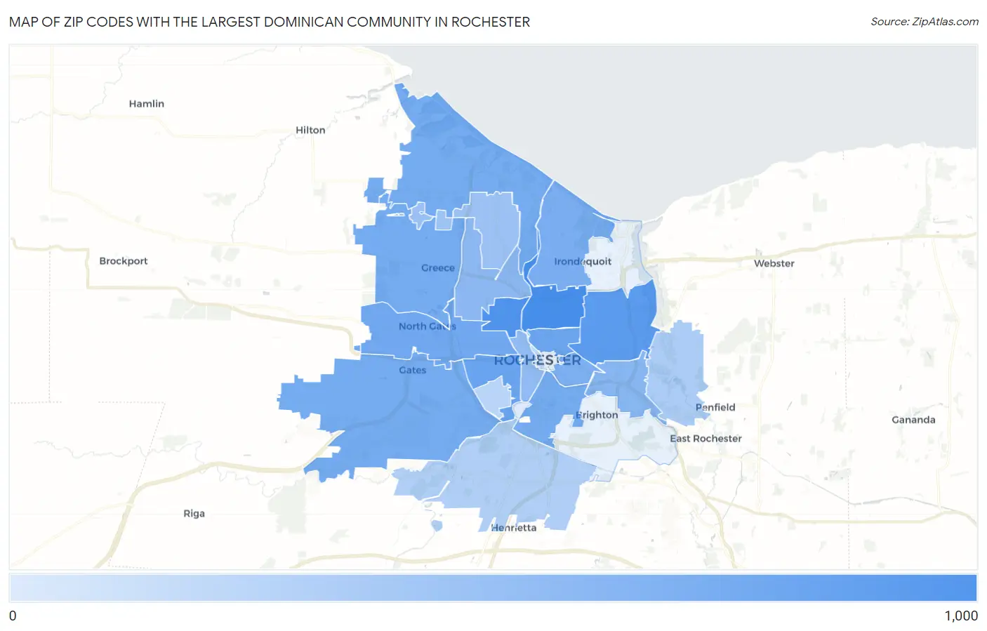Zip Codes with the Largest Dominican Community in Rochester Map