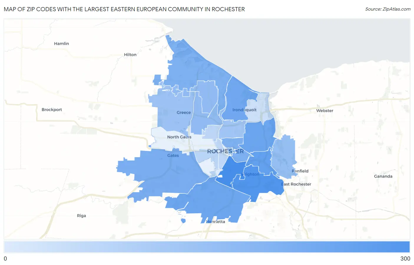 Zip Codes with the Largest Eastern European Community in Rochester Map