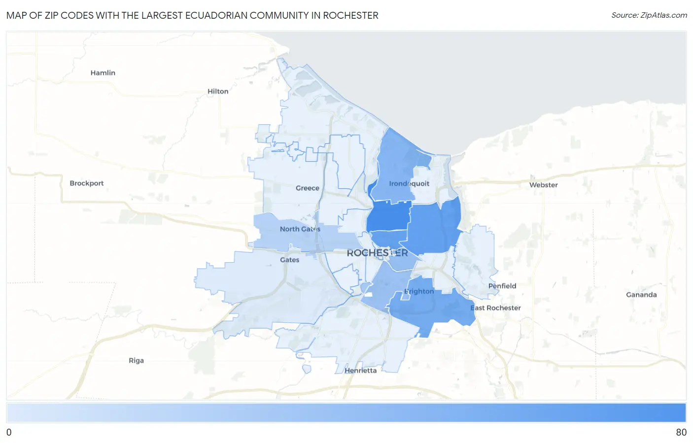 Zip Codes with the Largest Ecuadorian Community in Rochester Map