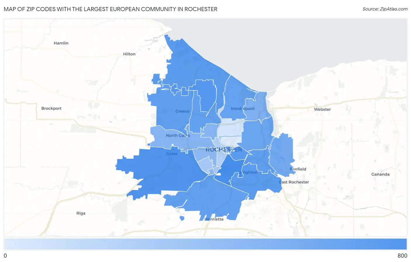 Zip Codes with the Largest European Community in Rochester Map