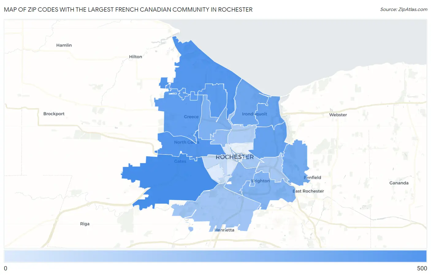 Zip Codes with the Largest French Canadian Community in Rochester Map