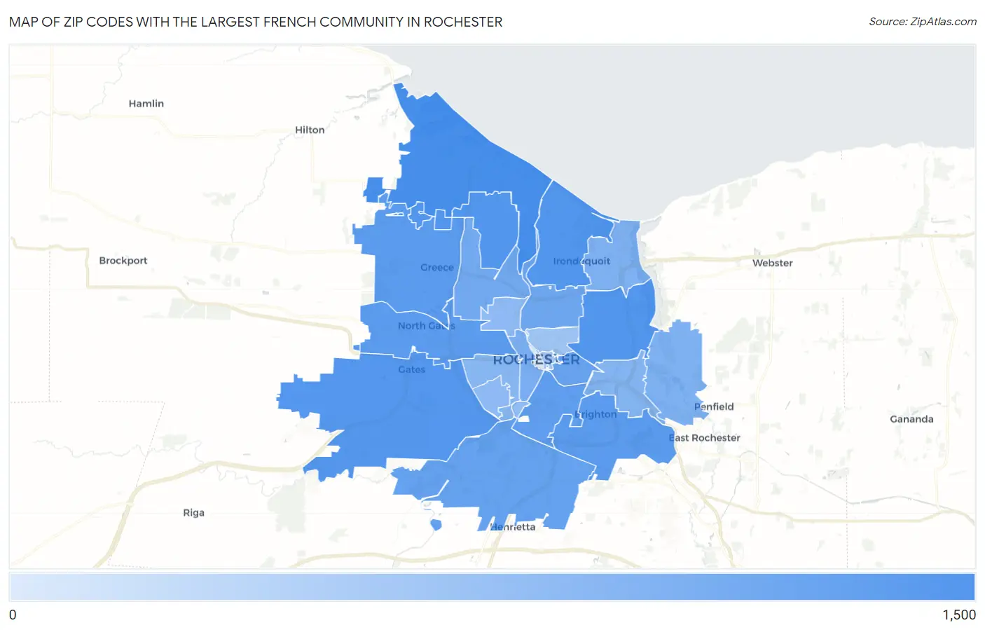 Zip Codes with the Largest French Community in Rochester Map
