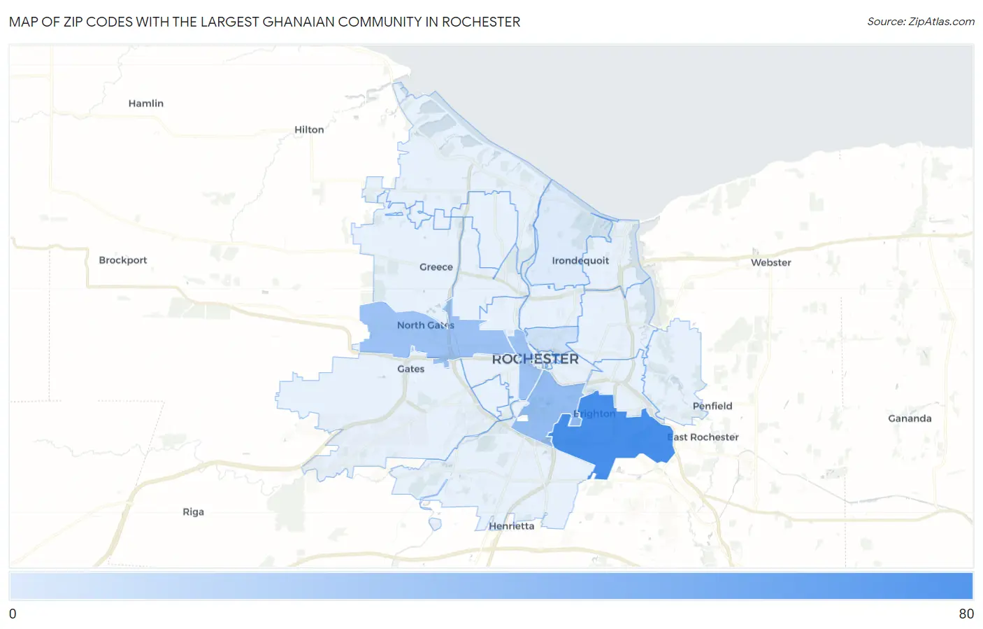 Zip Codes with the Largest Ghanaian Community in Rochester Map