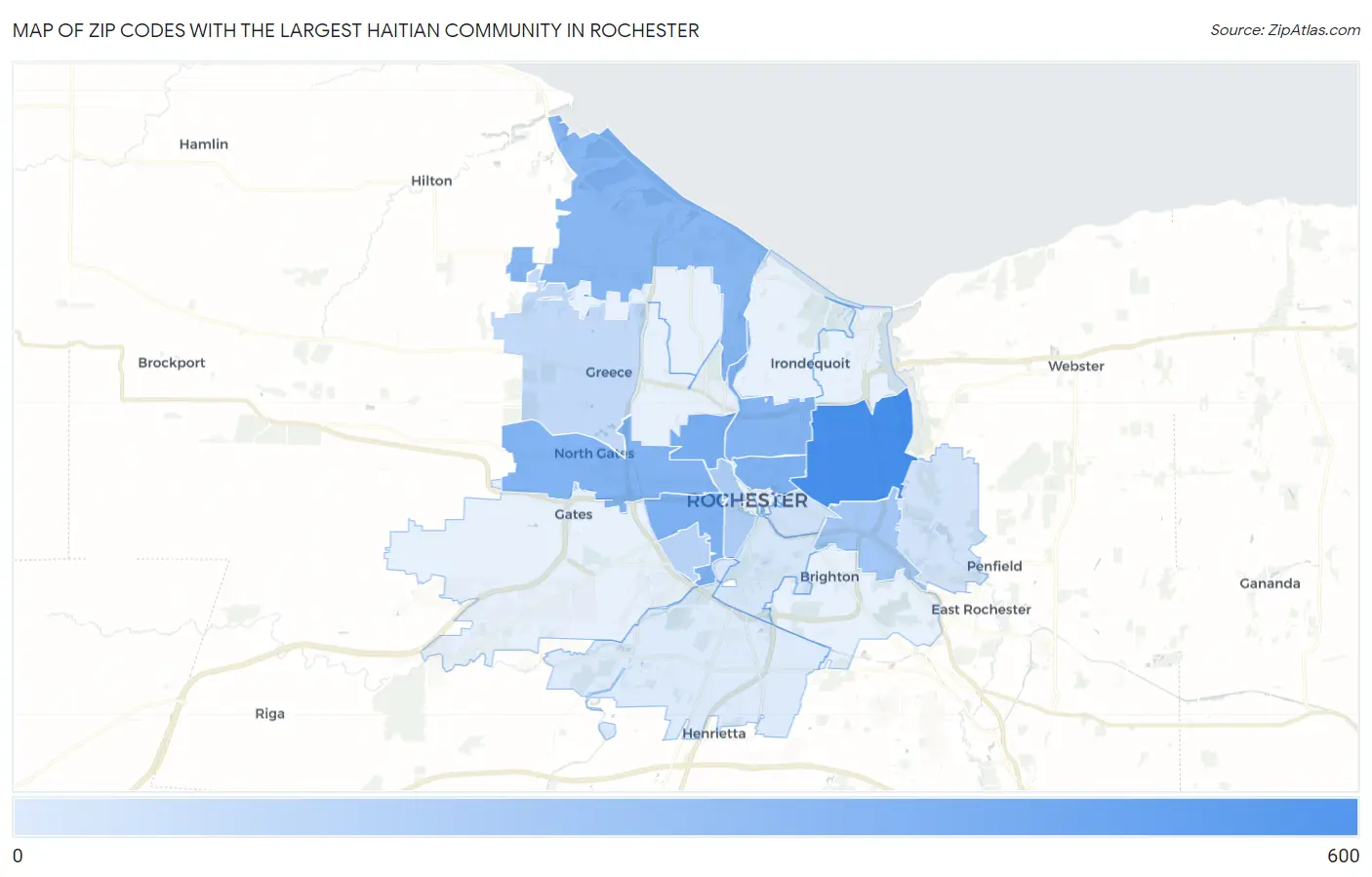 Zip Codes with the Largest Haitian Community in Rochester Map