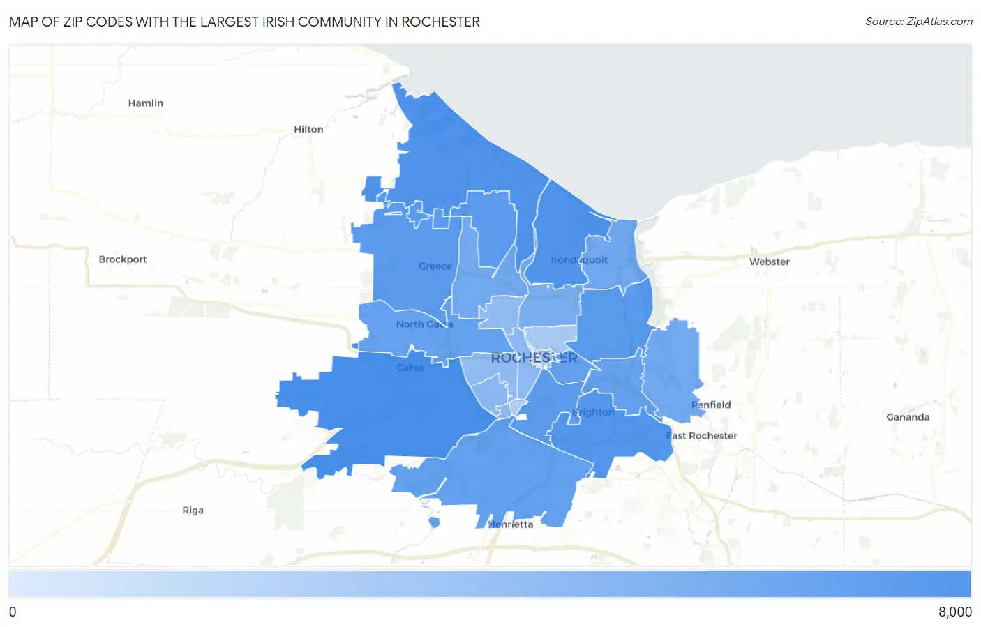Zip Codes with the Largest Irish Community in Rochester Map