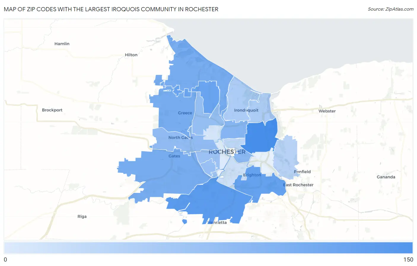 Zip Codes with the Largest Iroquois Community in Rochester Map
