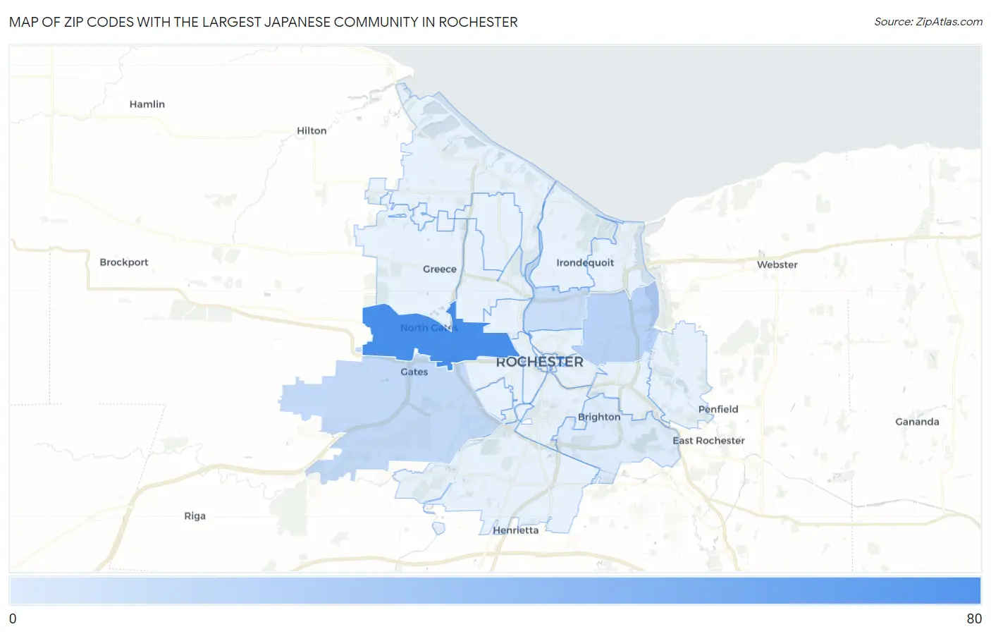 Zip Codes with the Largest Japanese Community in Rochester Map