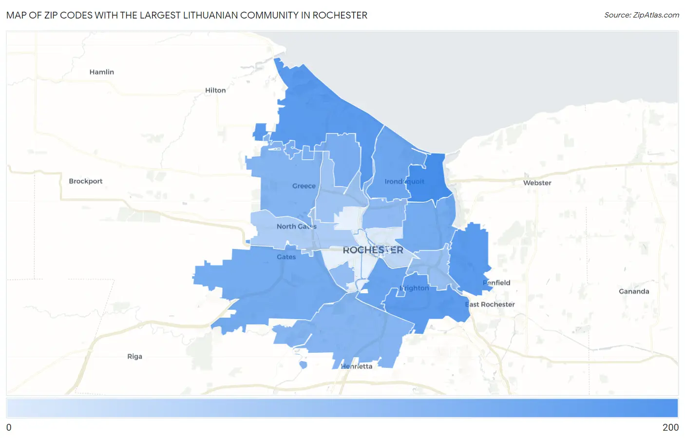 Zip Codes with the Largest Lithuanian Community in Rochester Map