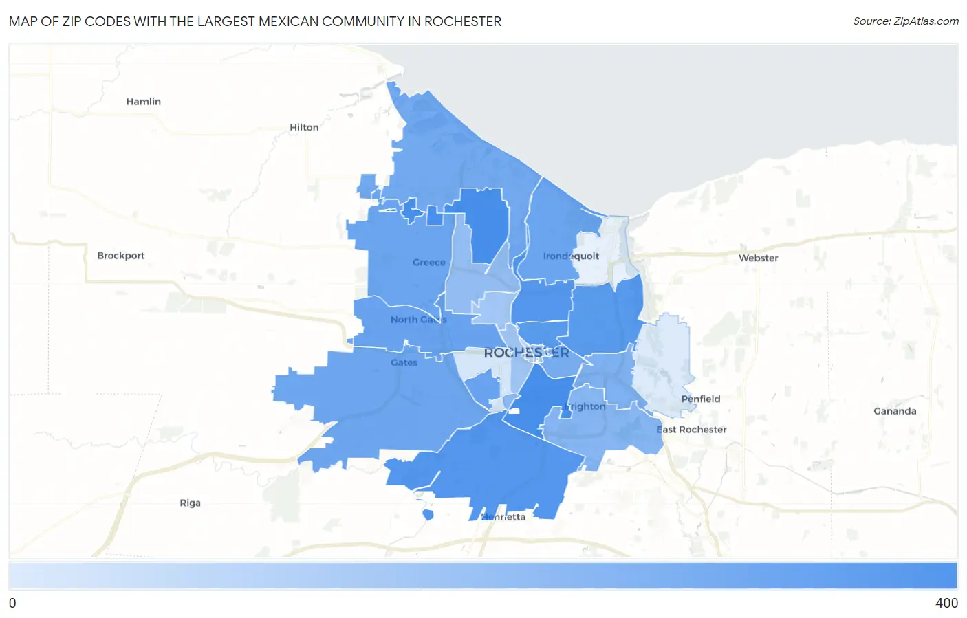 Zip Codes with the Largest Mexican Community in Rochester Map