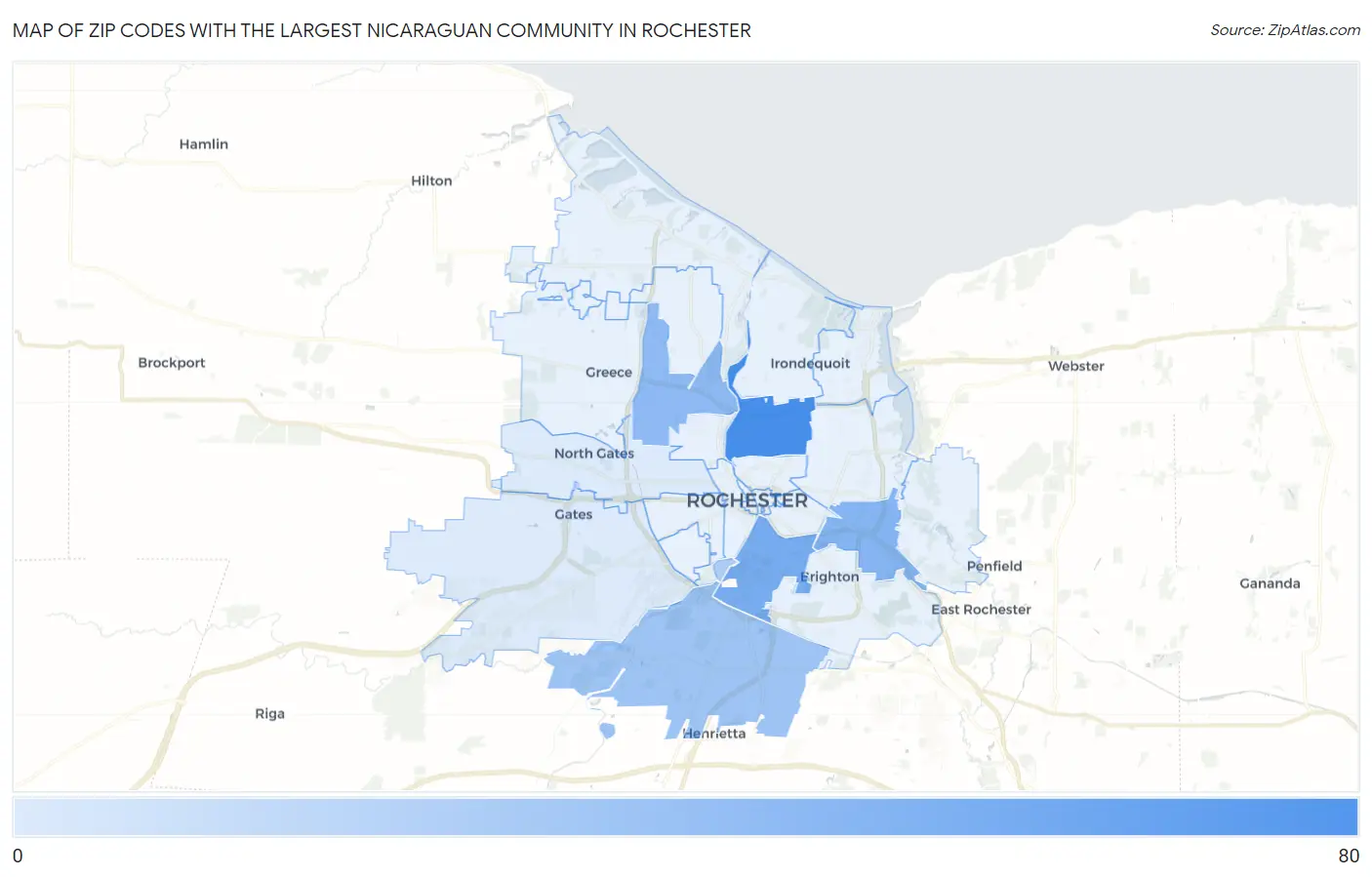 Zip Codes with the Largest Nicaraguan Community in Rochester Map