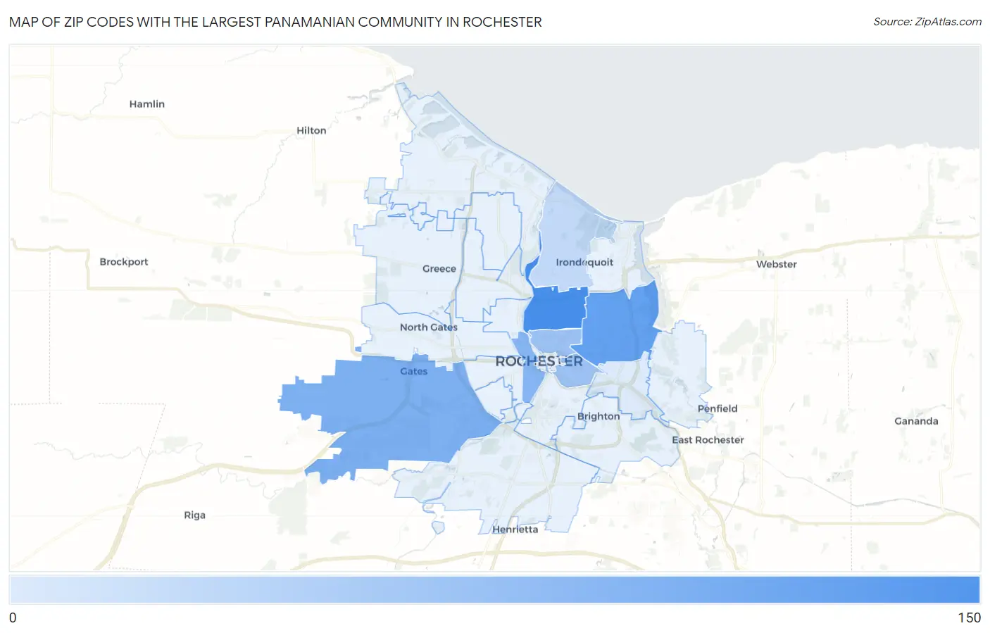 Zip Codes with the Largest Panamanian Community in Rochester Map