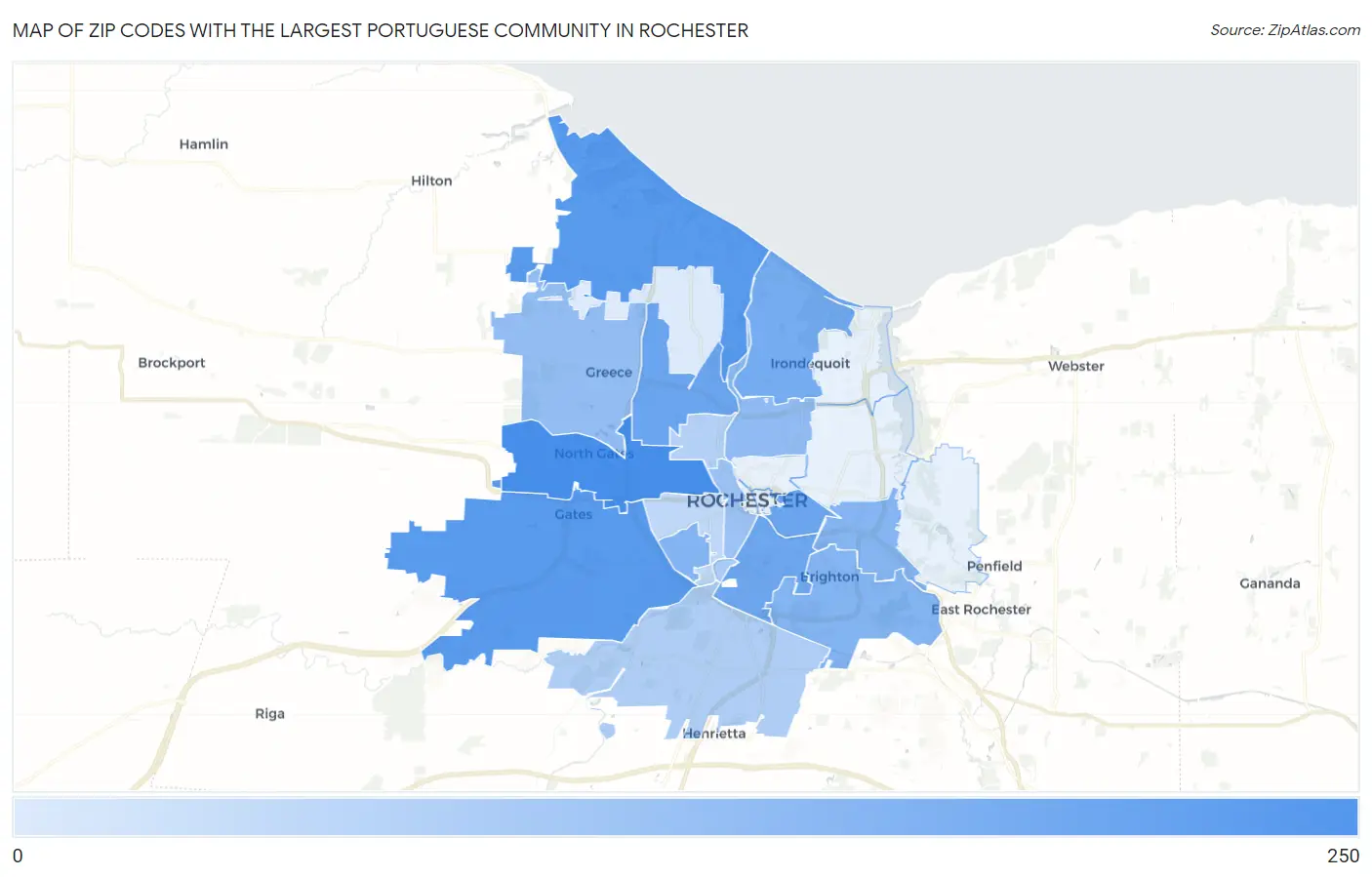 Zip Codes with the Largest Portuguese Community in Rochester Map