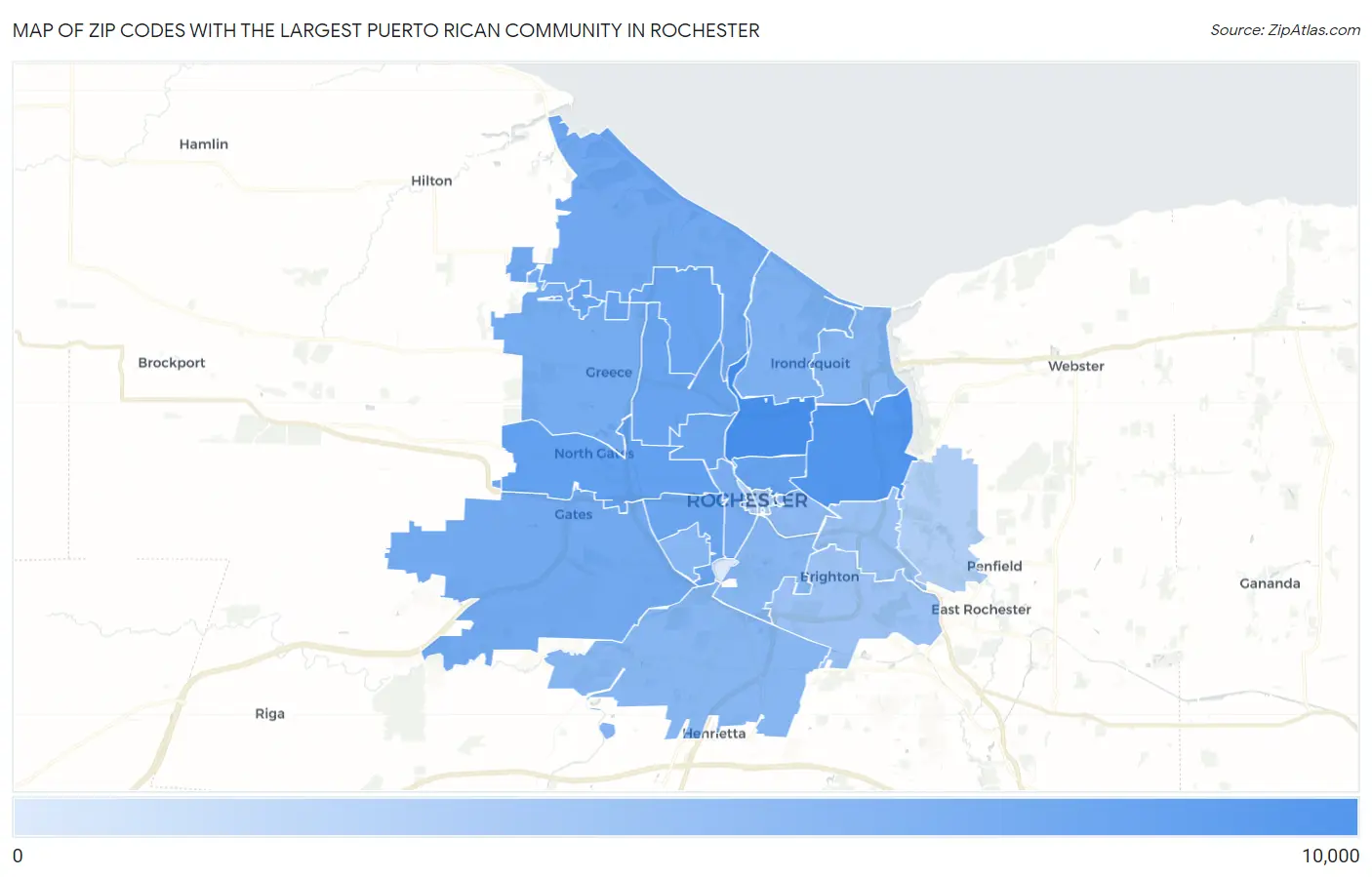Zip Codes with the Largest Puerto Rican Community in Rochester Map