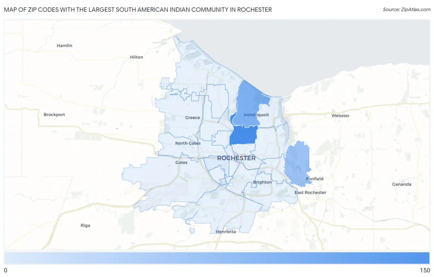 Zip Codes with the Largest South American Indian Community in Rochester Map