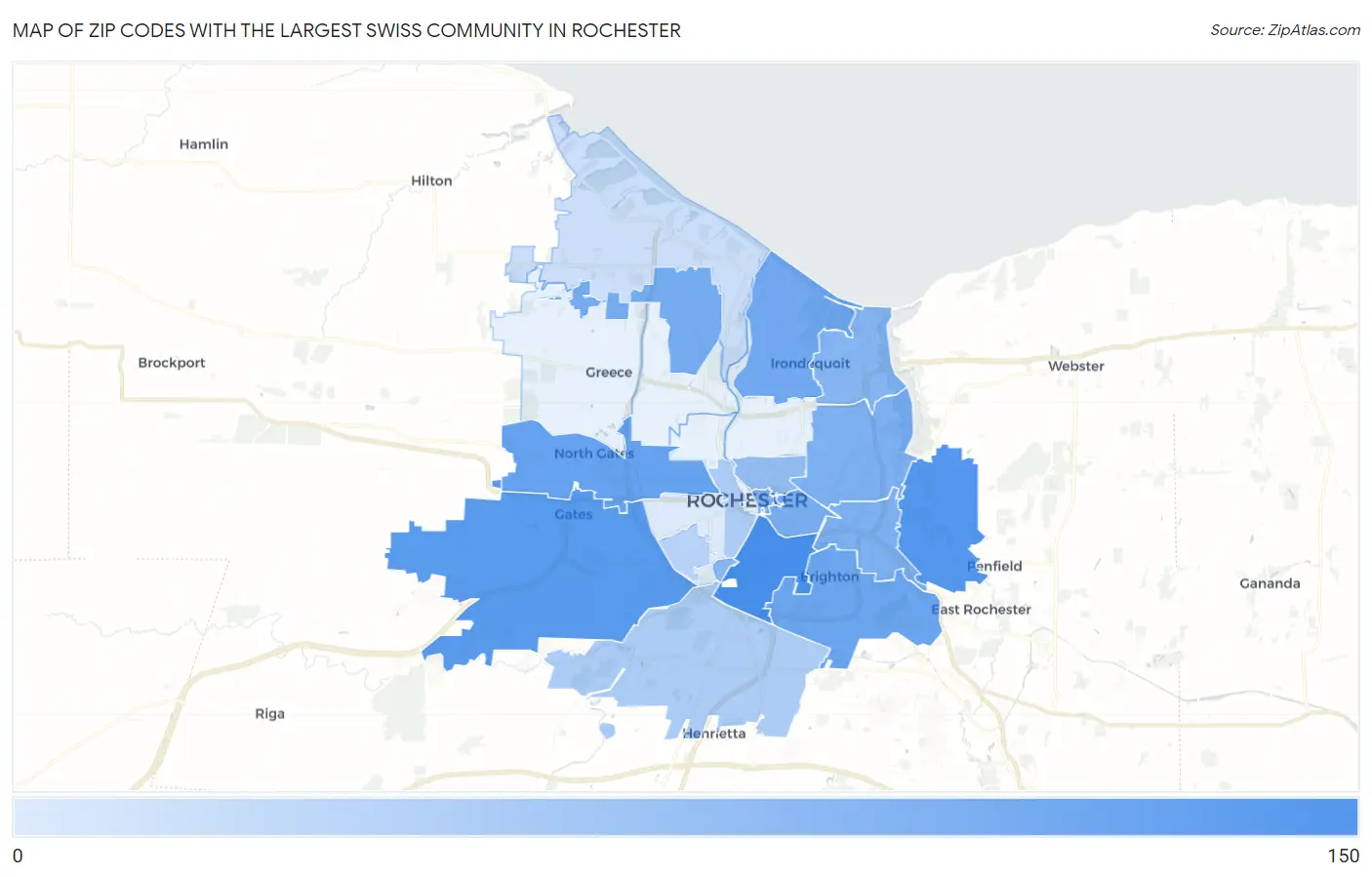 Zip Codes with the Largest Swiss Community in Rochester Map