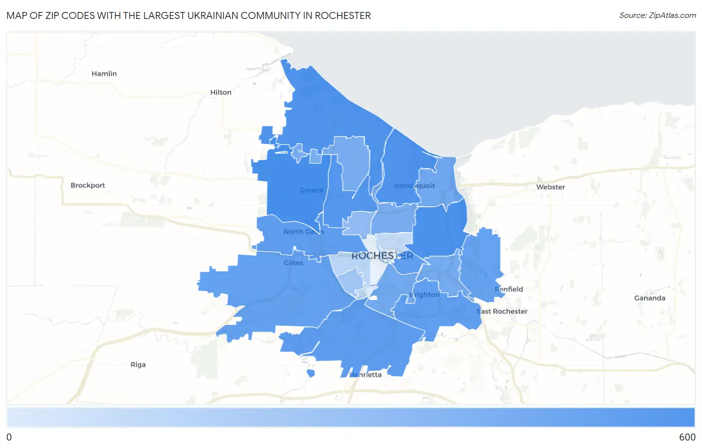 Zip Codes with the Largest Ukrainian Community in Rochester Map