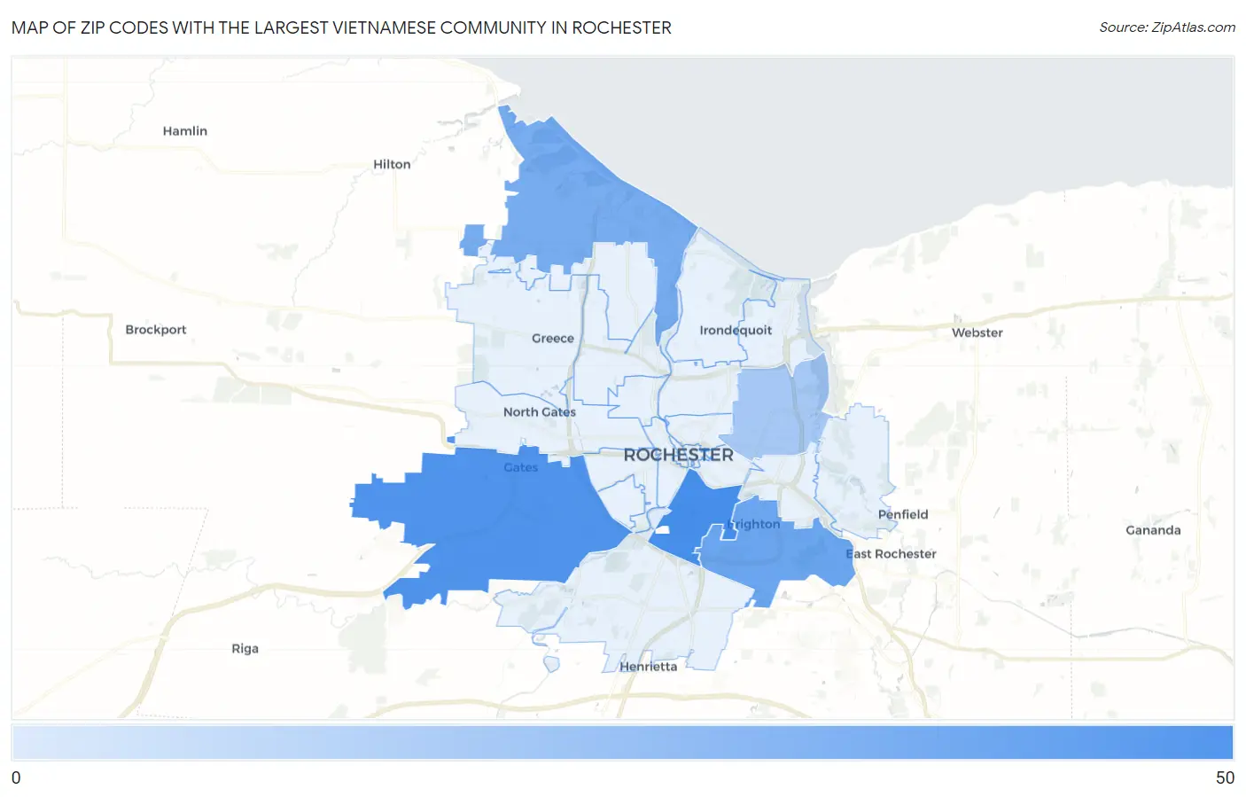 Zip Codes with the Largest Vietnamese Community in Rochester Map