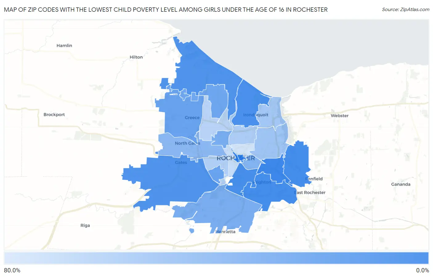 Zip Codes with the Lowest Child Poverty Level Among Girls Under the Age of 16 in Rochester Map