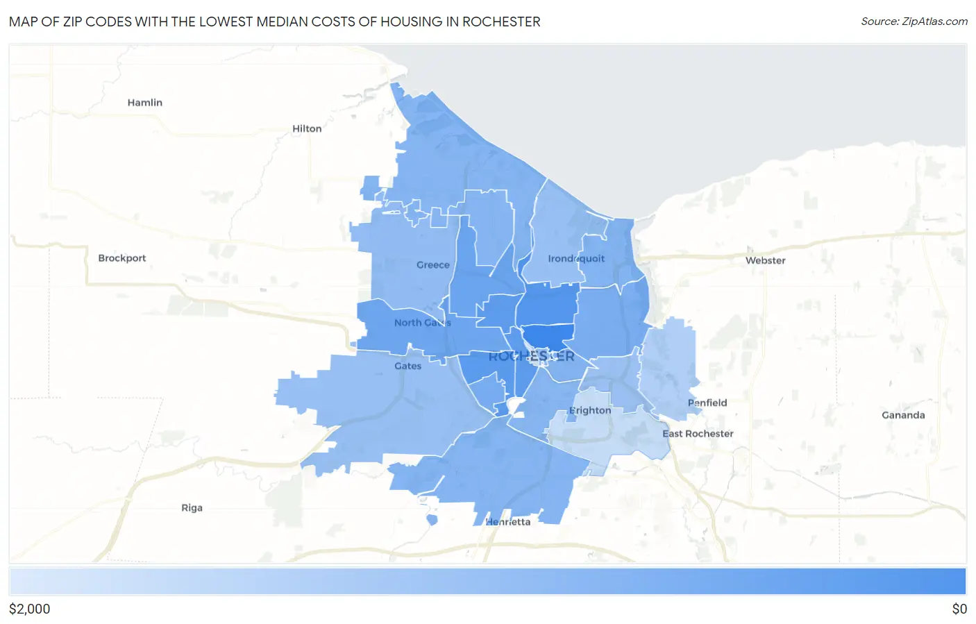 Zip Codes with the Lowest Median Costs of Housing in Rochester Map
