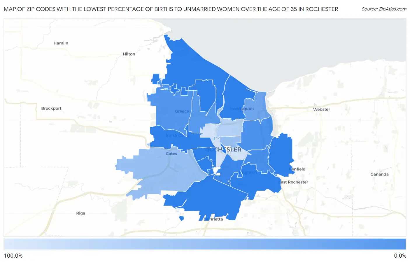 Zip Codes with the Lowest Percentage of Births to Unmarried Women over the Age of 35 in Rochester Map
