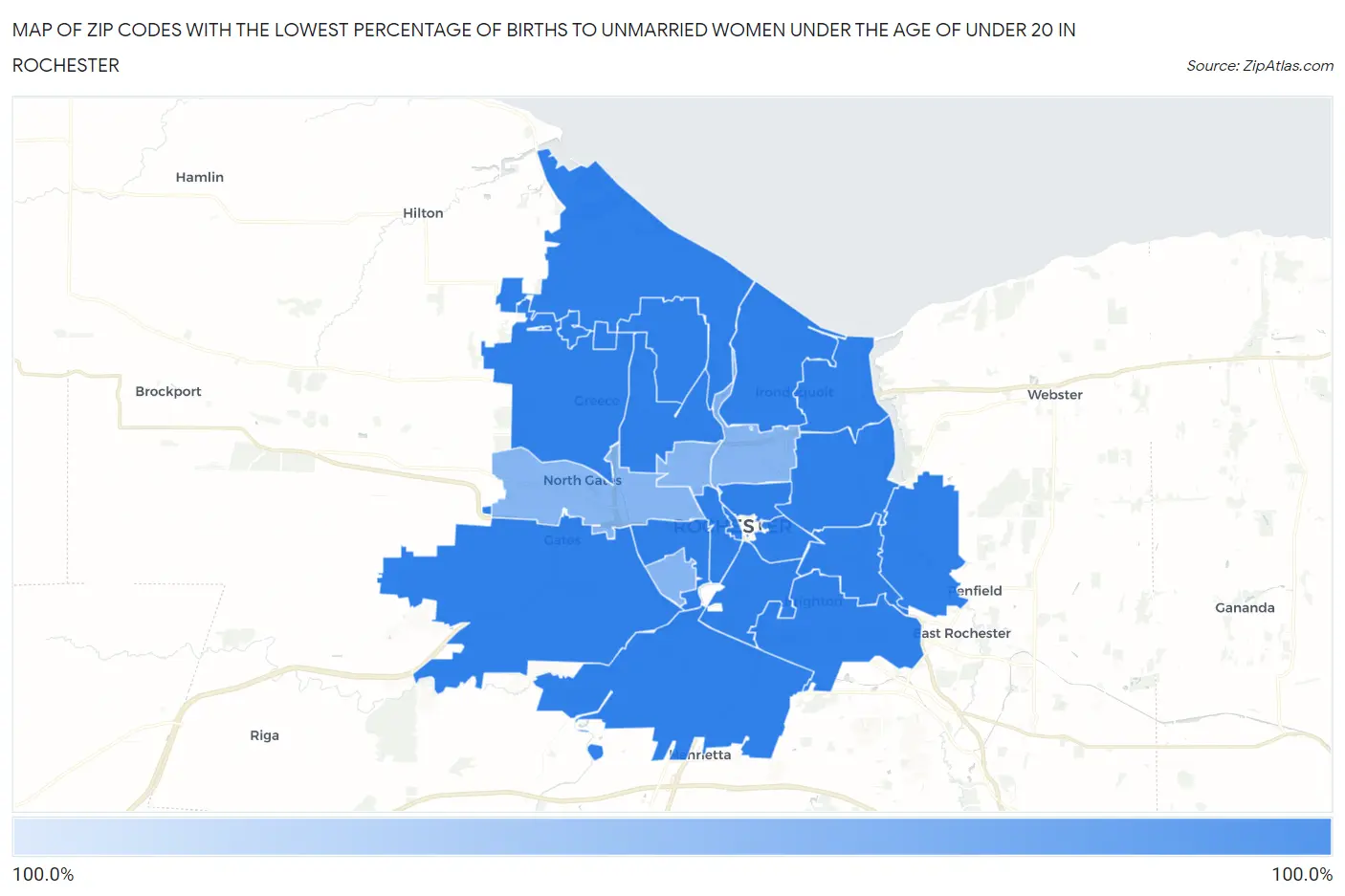 Zip Codes with the Lowest Percentage of Births to Unmarried Women under the Age of under 20 in Rochester Map
