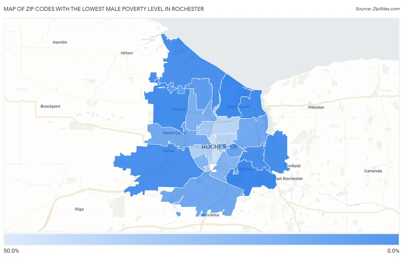 Zip Codes with the Lowest Male Poverty Level in Rochester Map