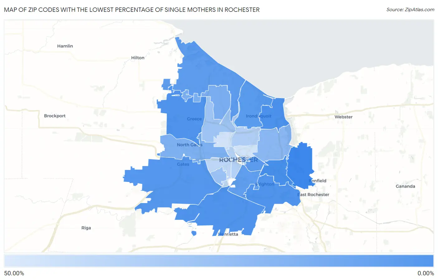 Zip Codes with the Lowest Percentage of Single Mothers in Rochester Map