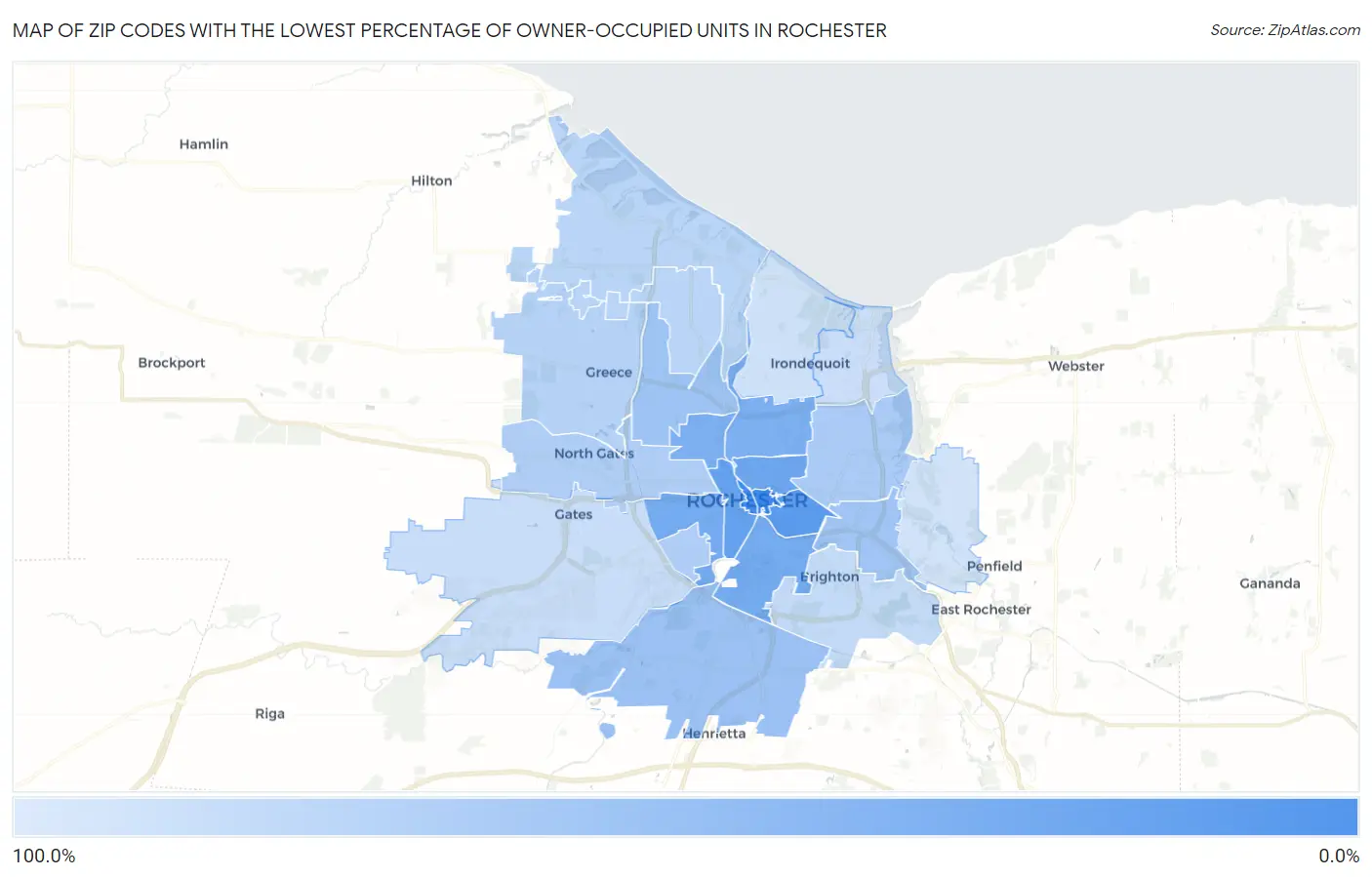 Zip Codes with the Lowest Percentage of Owner-Occupied Units in Rochester Map
