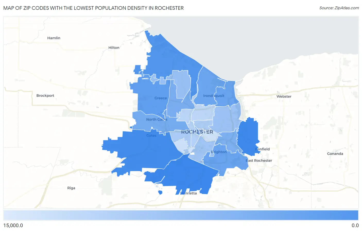 Zip Codes with the Lowest Population Density in Rochester Map