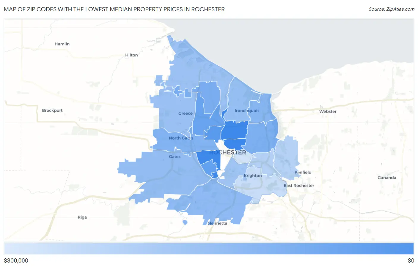 Zip Codes with the Lowest Median Property Prices in Rochester Map