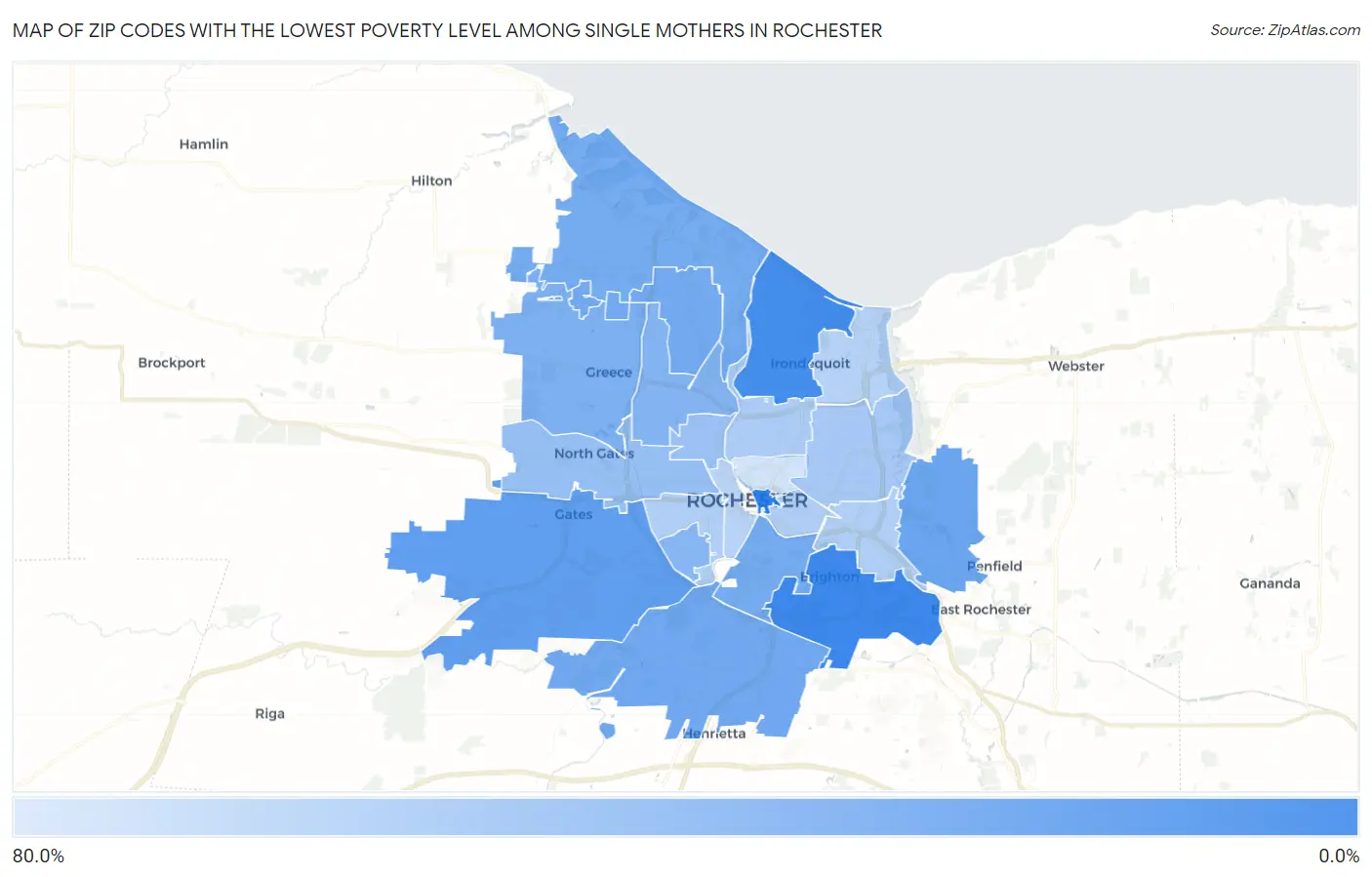 Zip Codes with the Lowest Poverty Level Among Single Mothers in Rochester Map