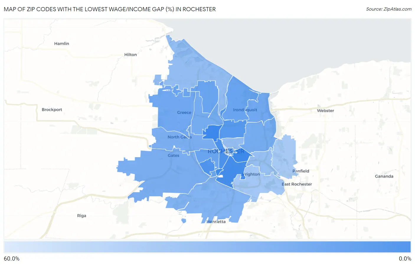 Zip Codes with the Lowest Wage/Income Gap (%) in Rochester Map