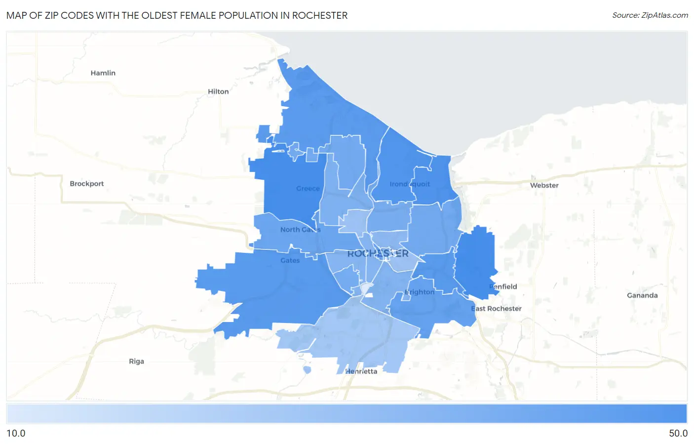 Zip Codes with the Oldest Female Population in Rochester Map