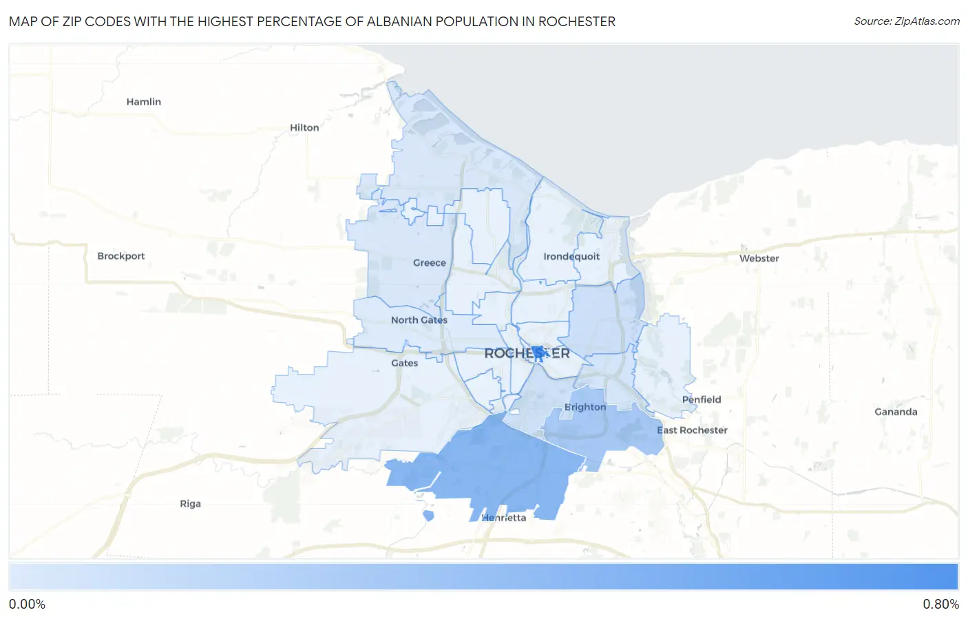 Zip Codes with the Highest Percentage of Albanian Population in Rochester Map