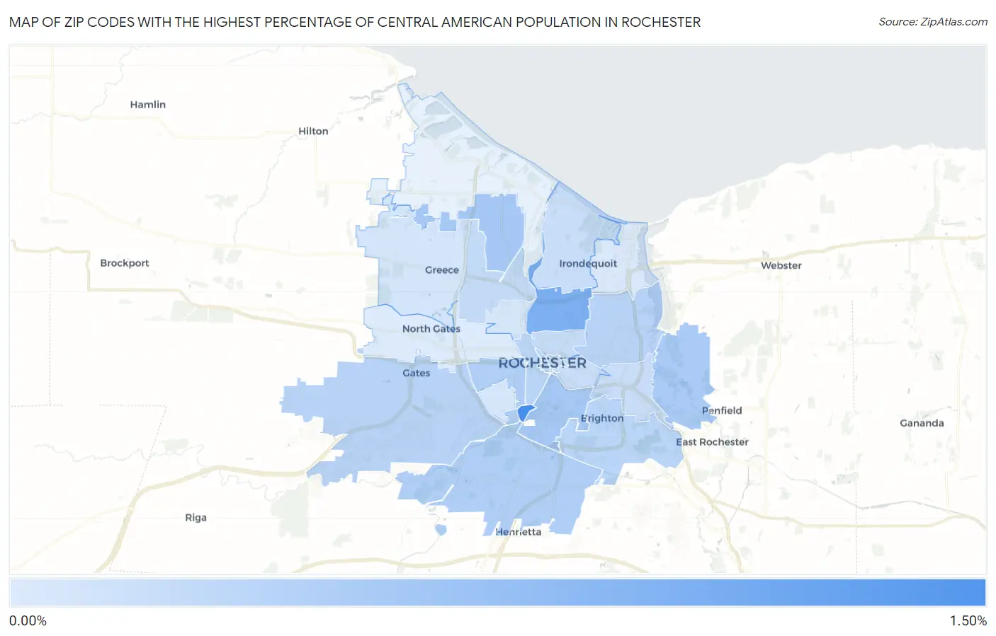Zip Codes with the Highest Percentage of Central American Population in Rochester Map