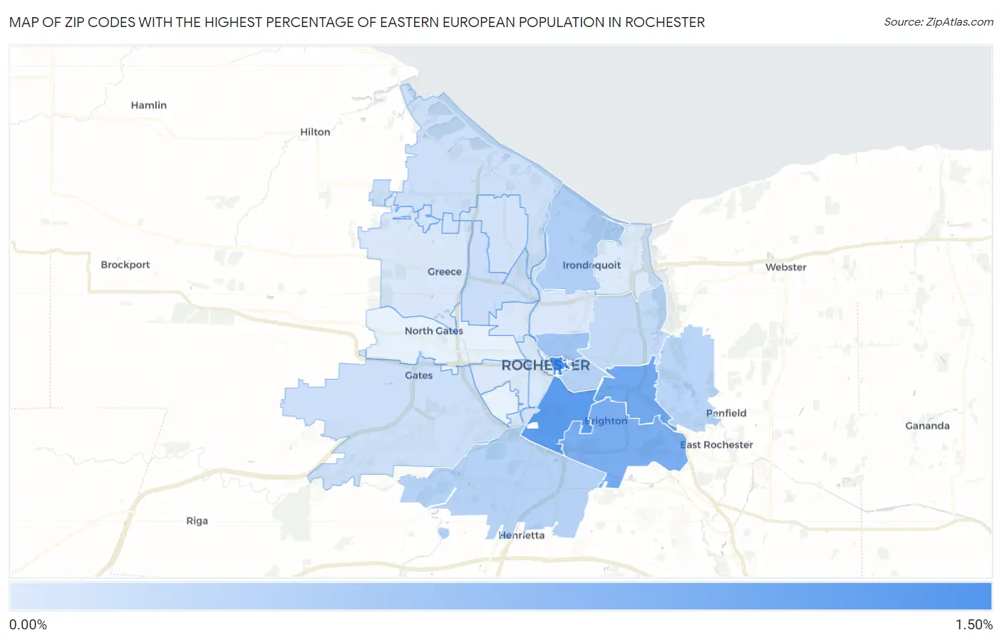 Zip Codes with the Highest Percentage of Eastern European Population in Rochester Map