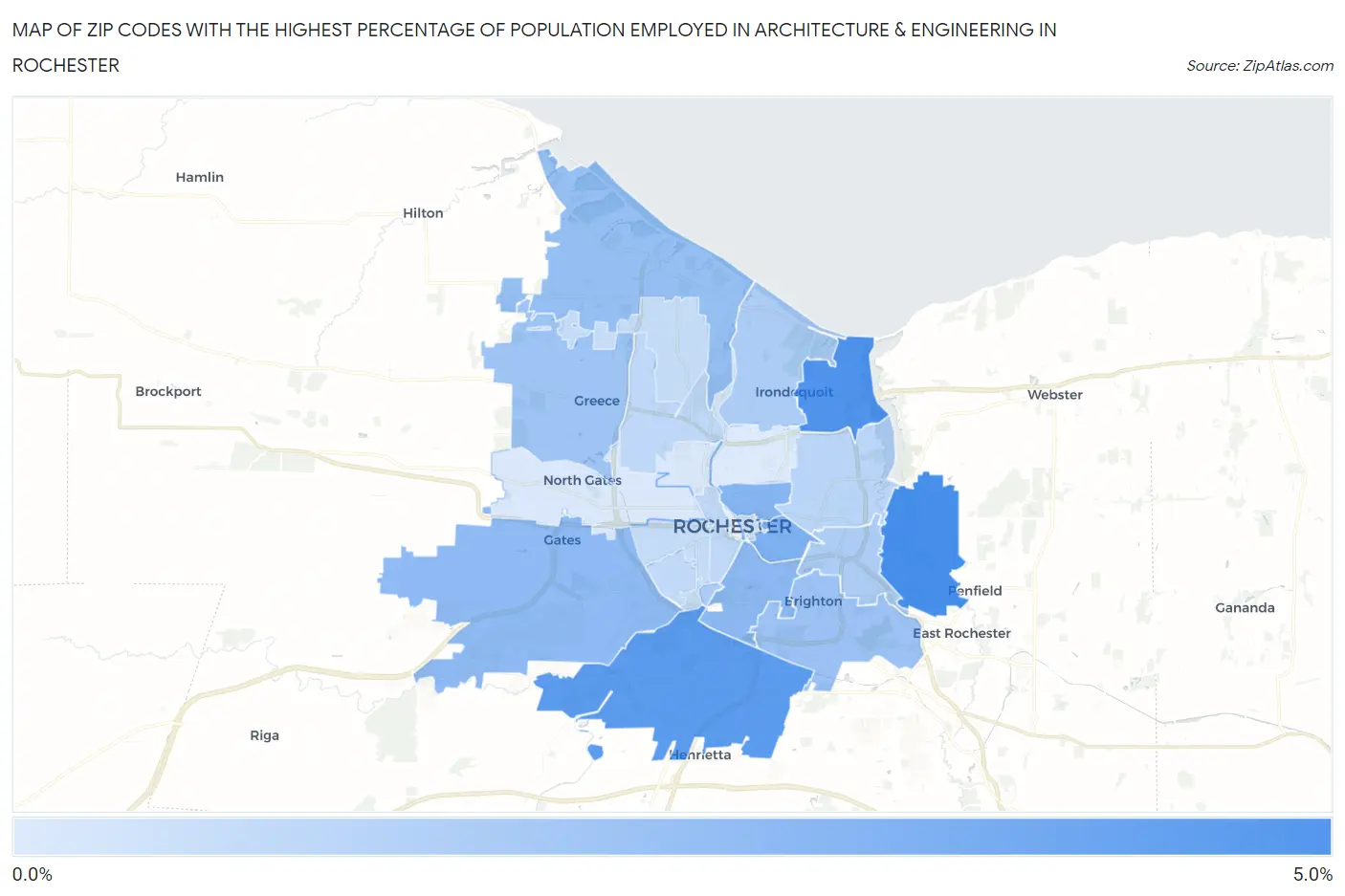 Zip Codes with the Highest Percentage of Population Employed in Architecture & Engineering in Rochester Map