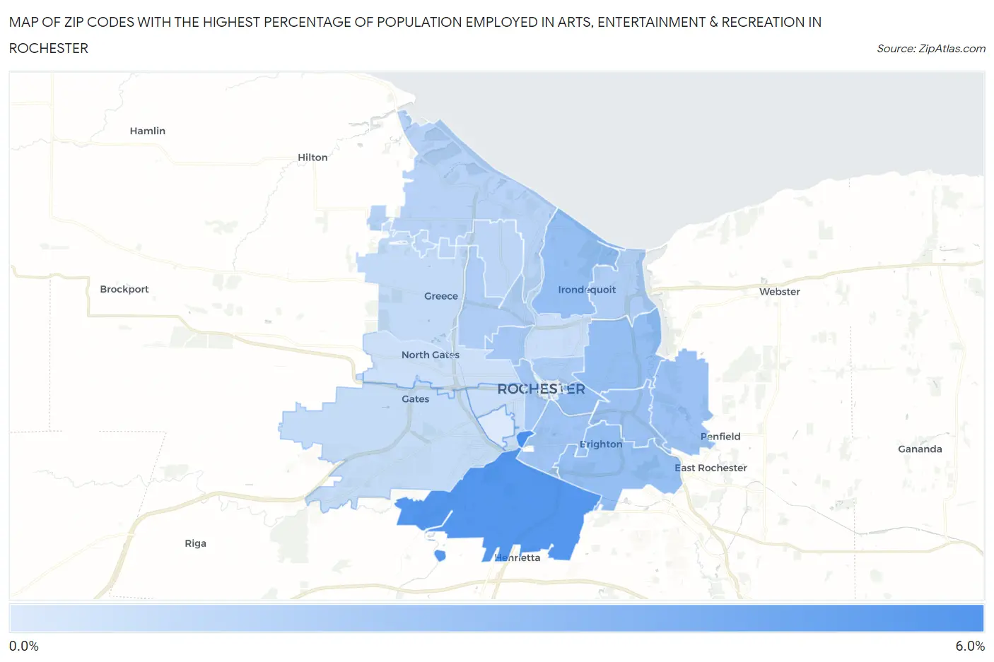 Zip Codes with the Highest Percentage of Population Employed in Arts, Entertainment & Recreation in Rochester Map