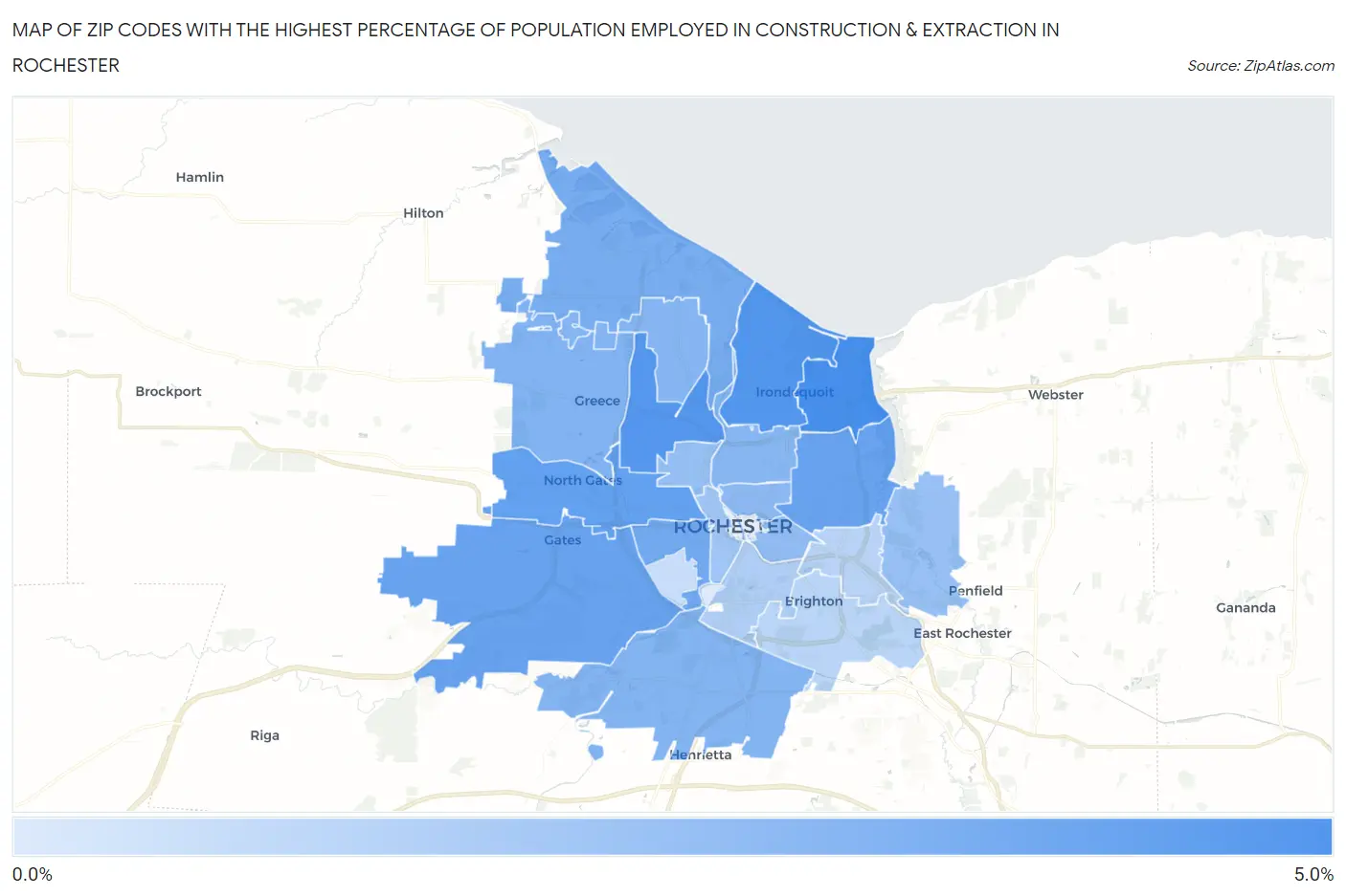 Zip Codes with the Highest Percentage of Population Employed in Construction & Extraction in Rochester Map