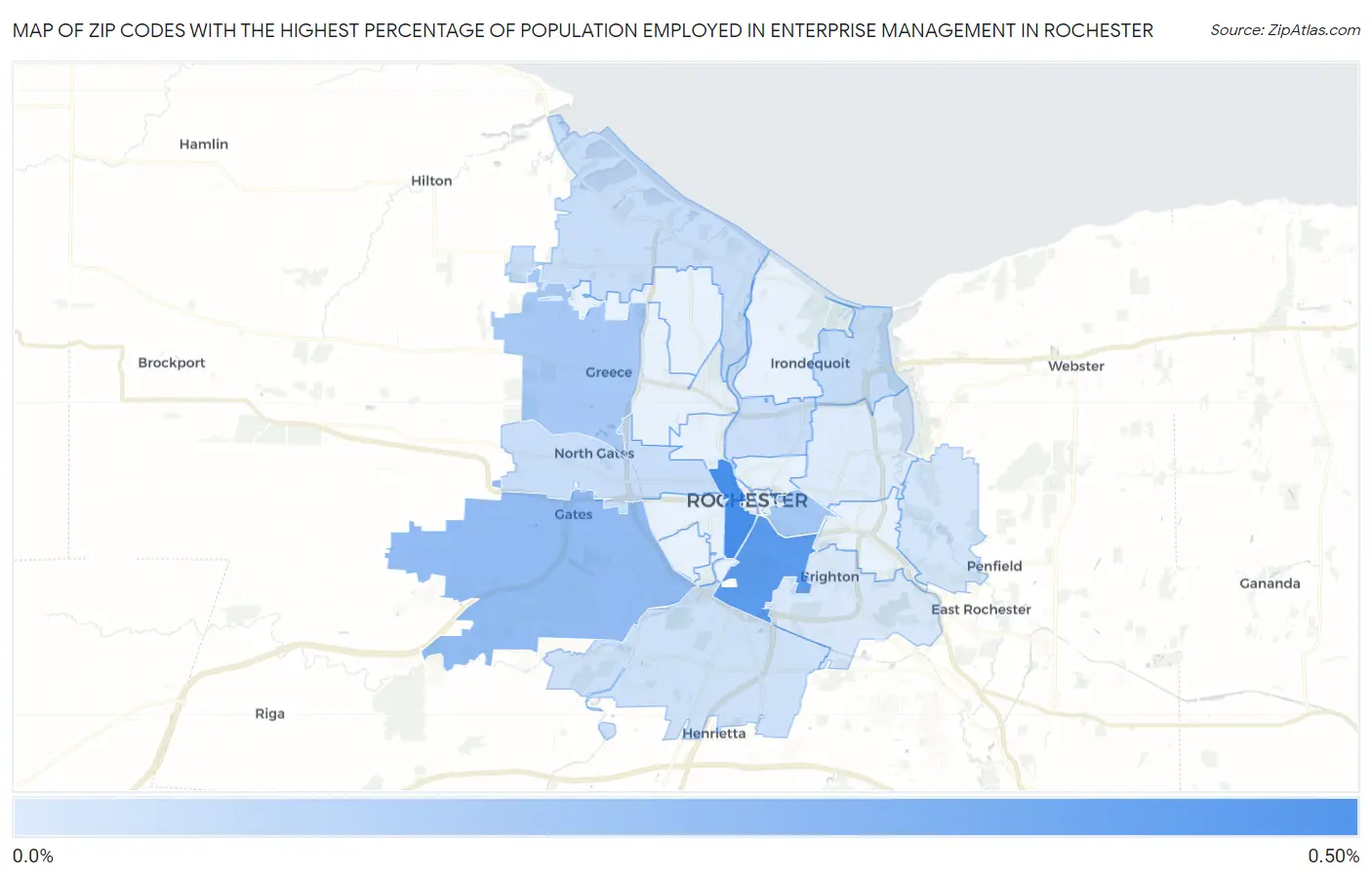Zip Codes with the Highest Percentage of Population Employed in Enterprise Management in Rochester Map