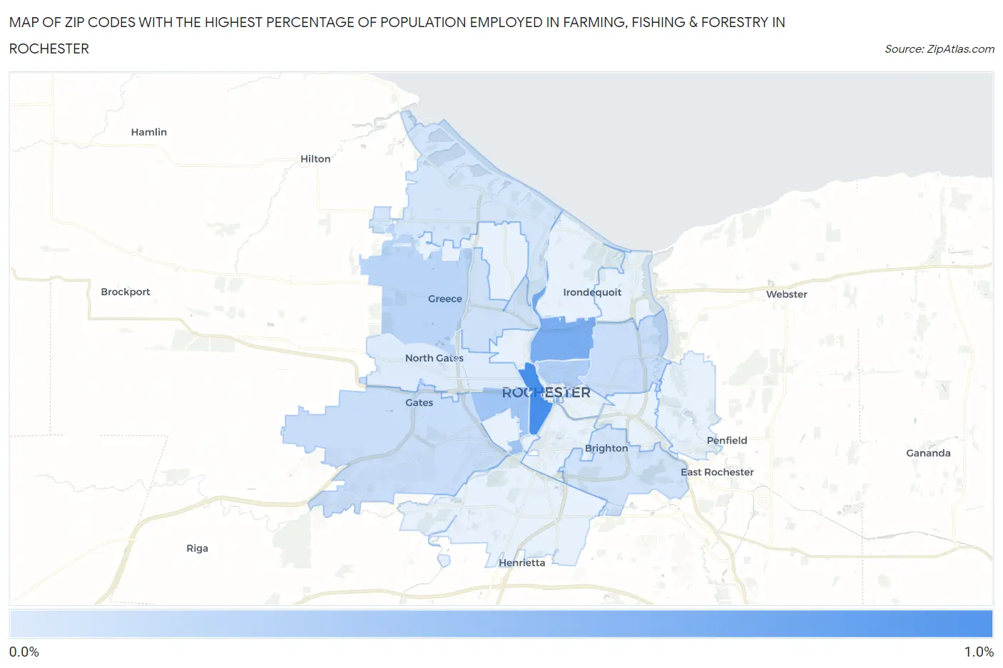 Zip Codes with the Highest Percentage of Population Employed in Farming, Fishing & Forestry in Rochester Map