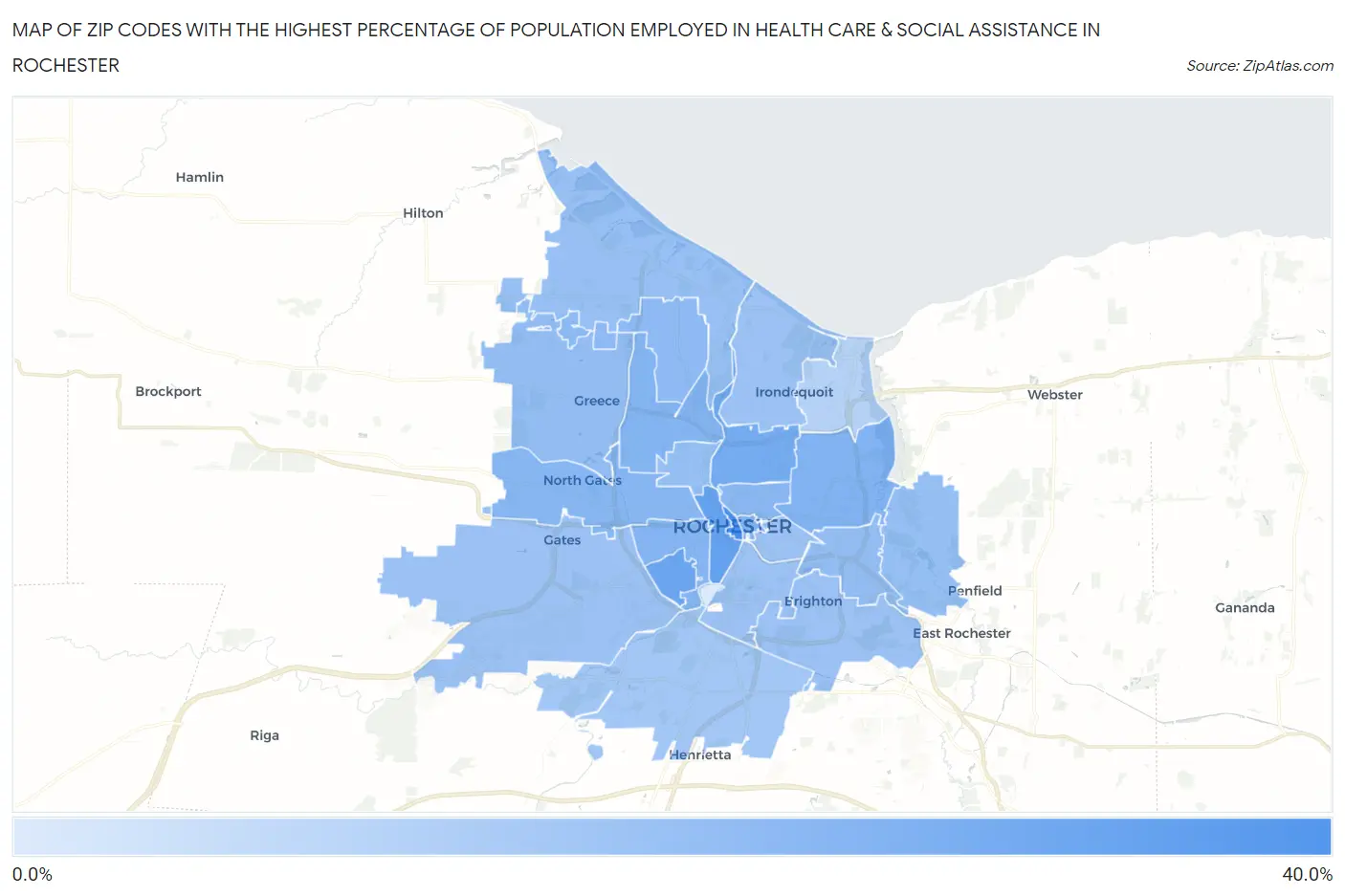 Zip Codes with the Highest Percentage of Population Employed in Health Care & Social Assistance in Rochester Map