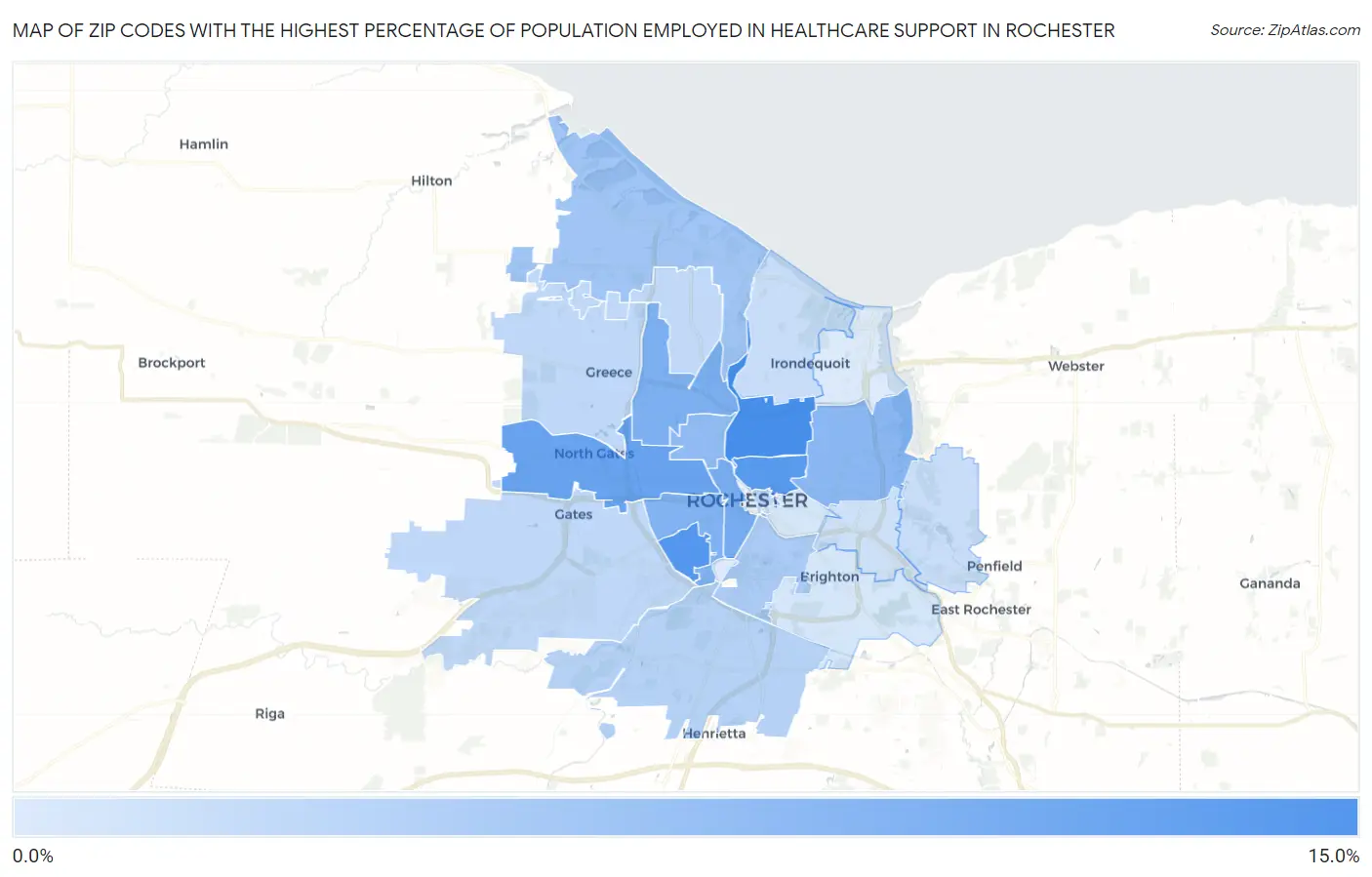 Zip Codes with the Highest Percentage of Population Employed in Healthcare Support in Rochester Map