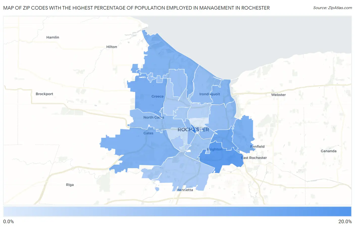 Zip Codes with the Highest Percentage of Population Employed in Management in Rochester Map