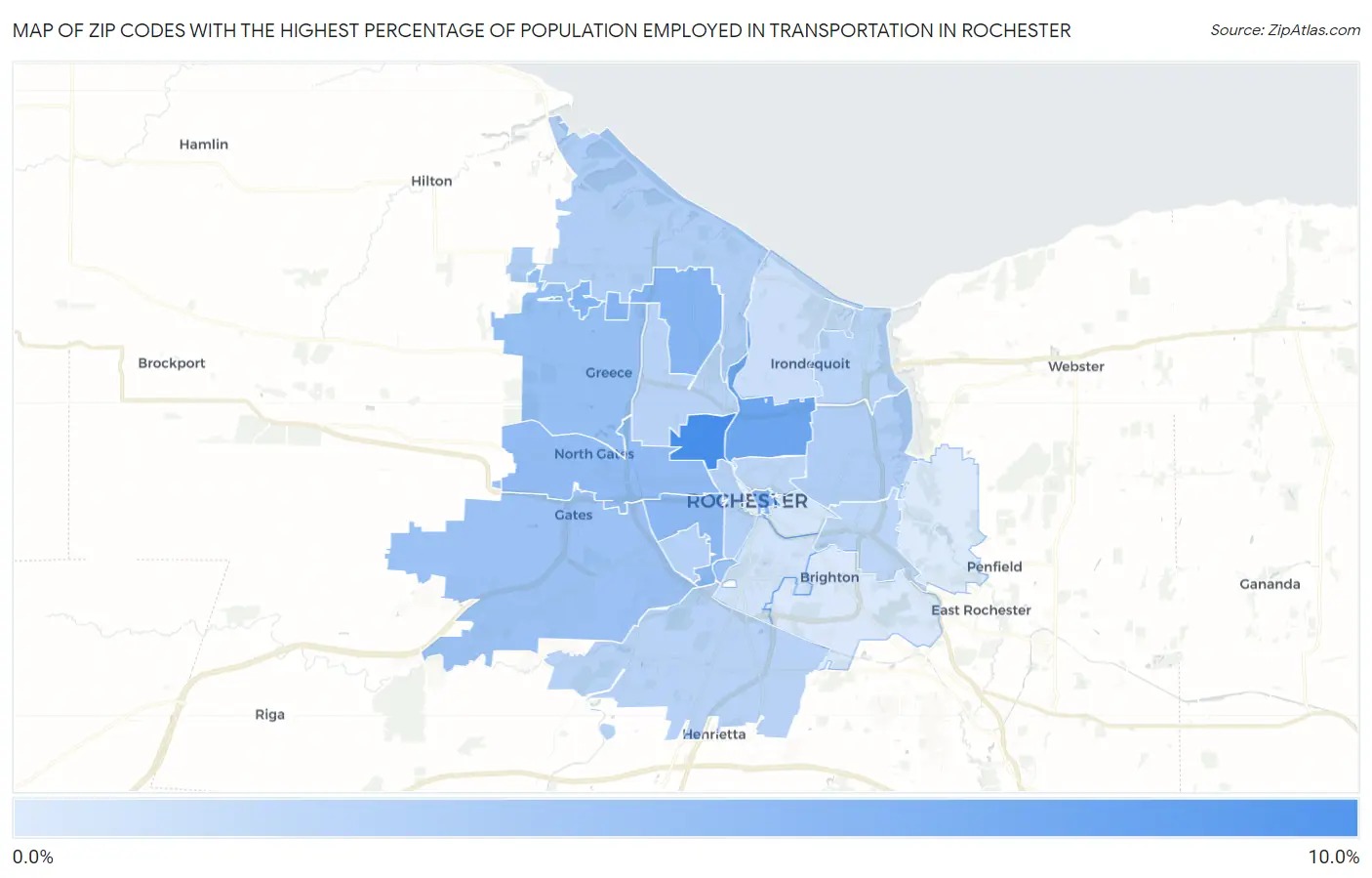 Zip Codes with the Highest Percentage of Population Employed in Transportation in Rochester Map
