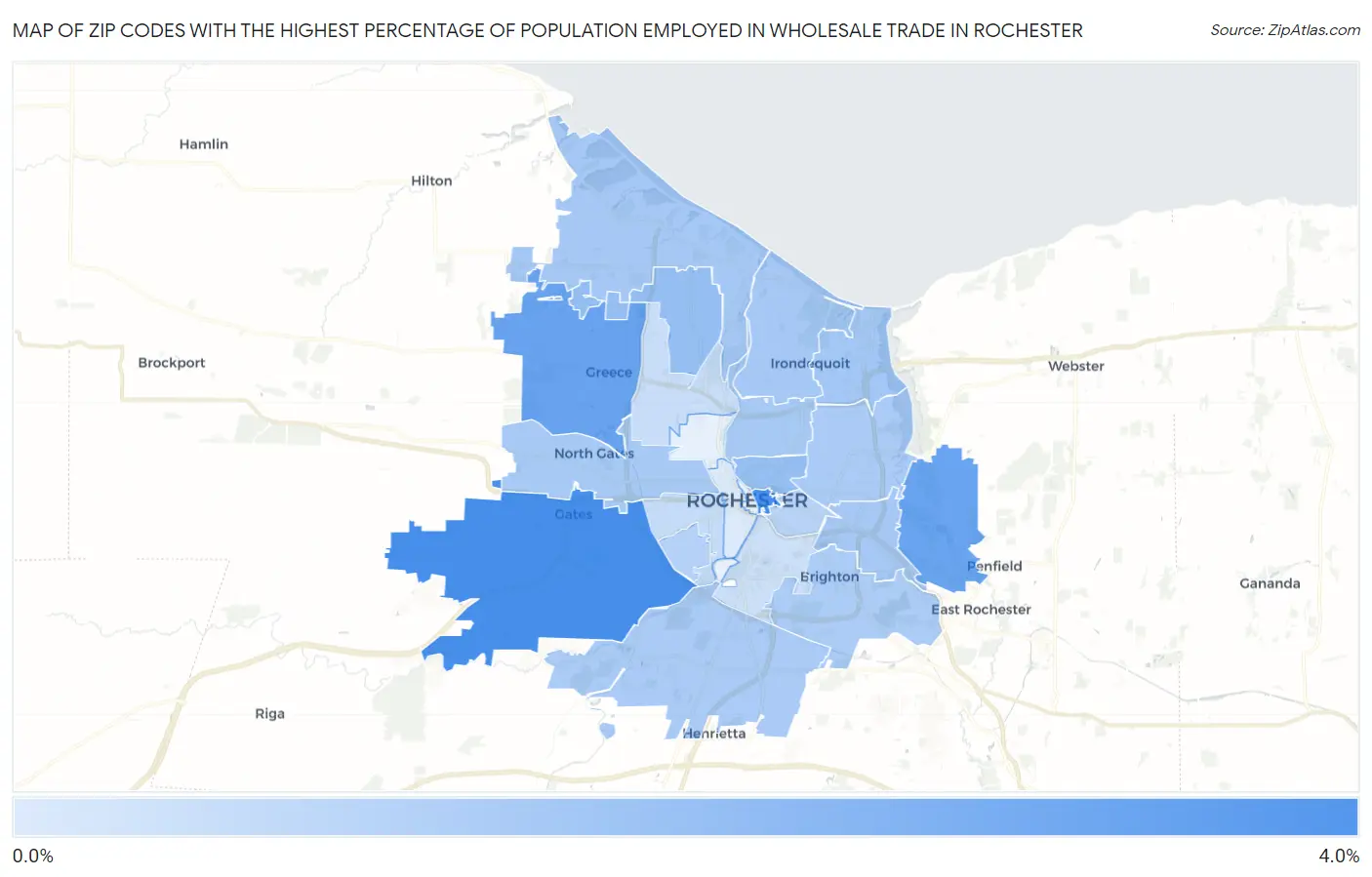 Zip Codes with the Highest Percentage of Population Employed in Wholesale Trade in Rochester Map
